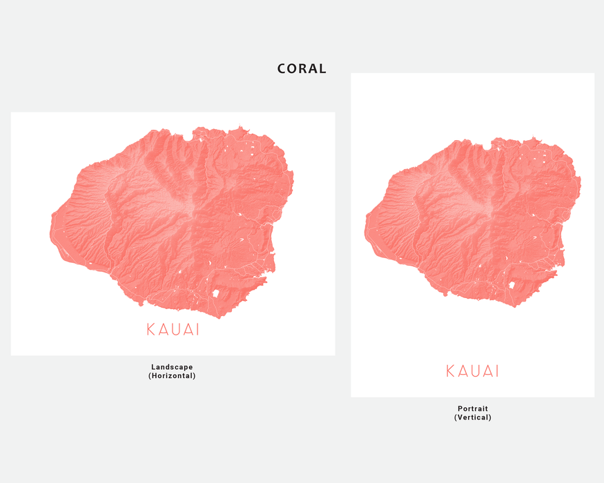 Kauai Hawaii map print in Coral by Maps As Art.