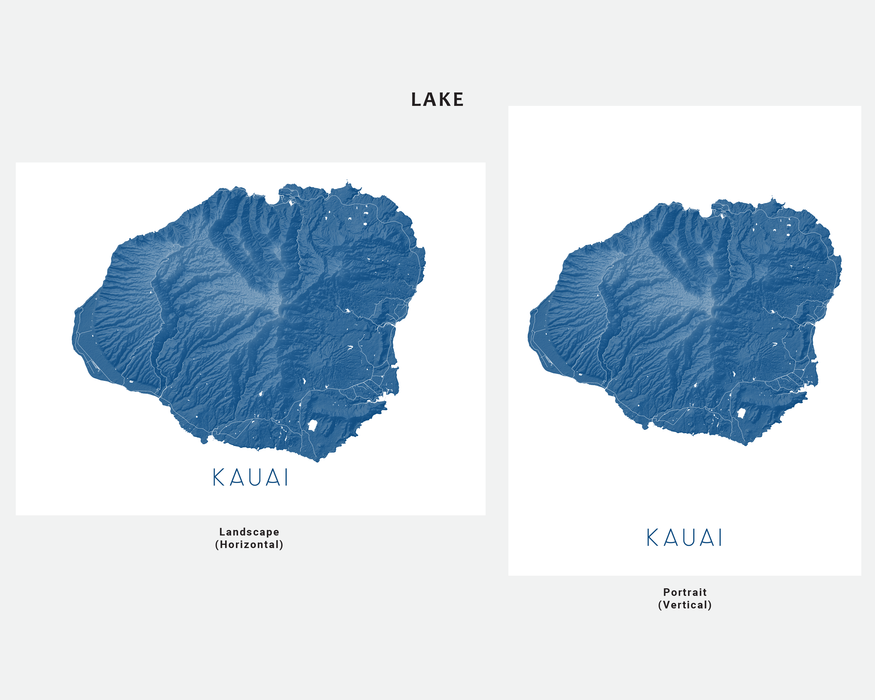 Kauai Hawaii map print in Lake by Maps As Art.