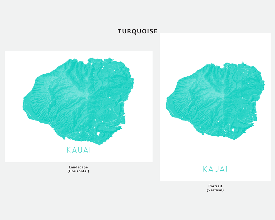 Kauai Hawaii map print in Turquoise by Maps As Art.