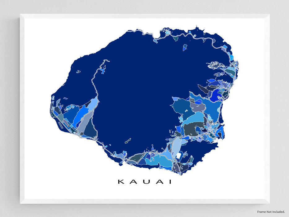 Kauai Hawaii map print in a blue shapes design by Maps As Art.