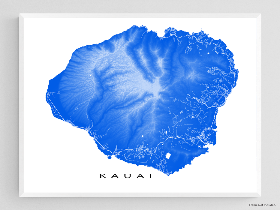 Kauai, Hawaii map print with natural landscape and main roads designed by Maps As Art.