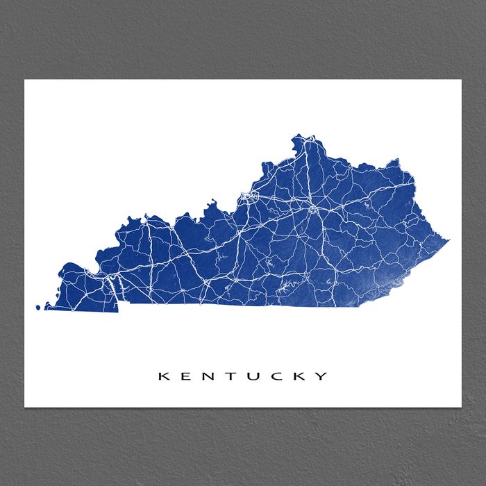 Kentucky state map print with natural landscape and main roads in Navy designed by Maps As Art.