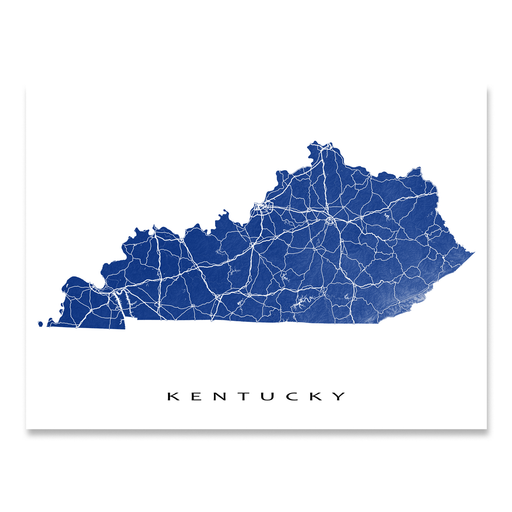 Kentucky state map print with natural landscape and main roads in Navy designed by Maps As Art.