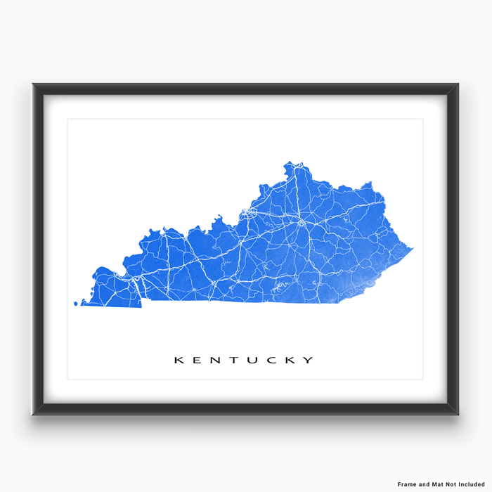 Kentucky state map print with natural landscape and main roads in Blue designed by Maps As Art.