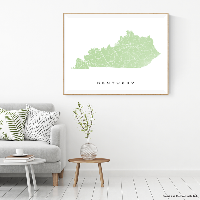 Kentucky state map print with natural landscape and main roads in Sage designed by Maps As Art.