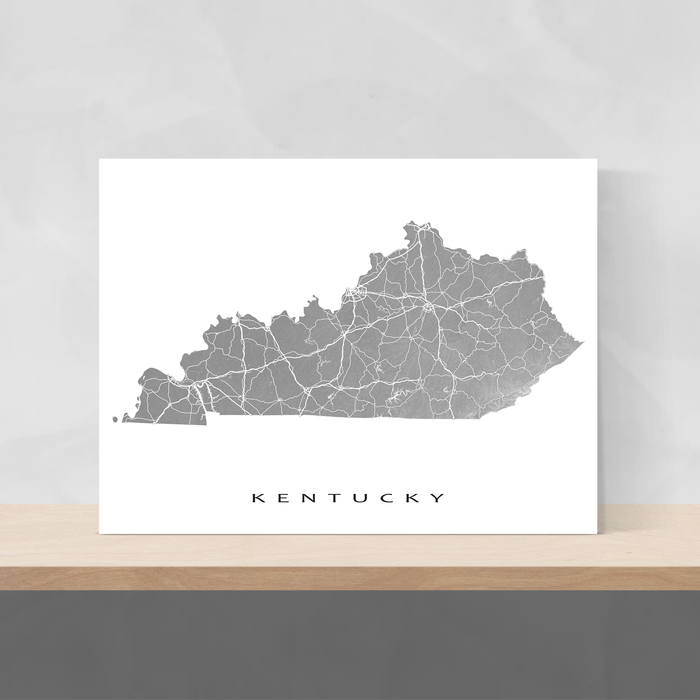 Kentucky state map print with natural landscape and main roads in Grey designed by Maps As Art.