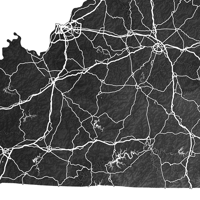 Kentucky state map print close-up with natural landscape and main roads designed by Maps As Art.