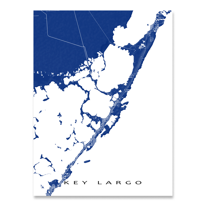 Key Largo, Florida Keys map print with natural landscape and main roads in Navy designed by Maps As Art.