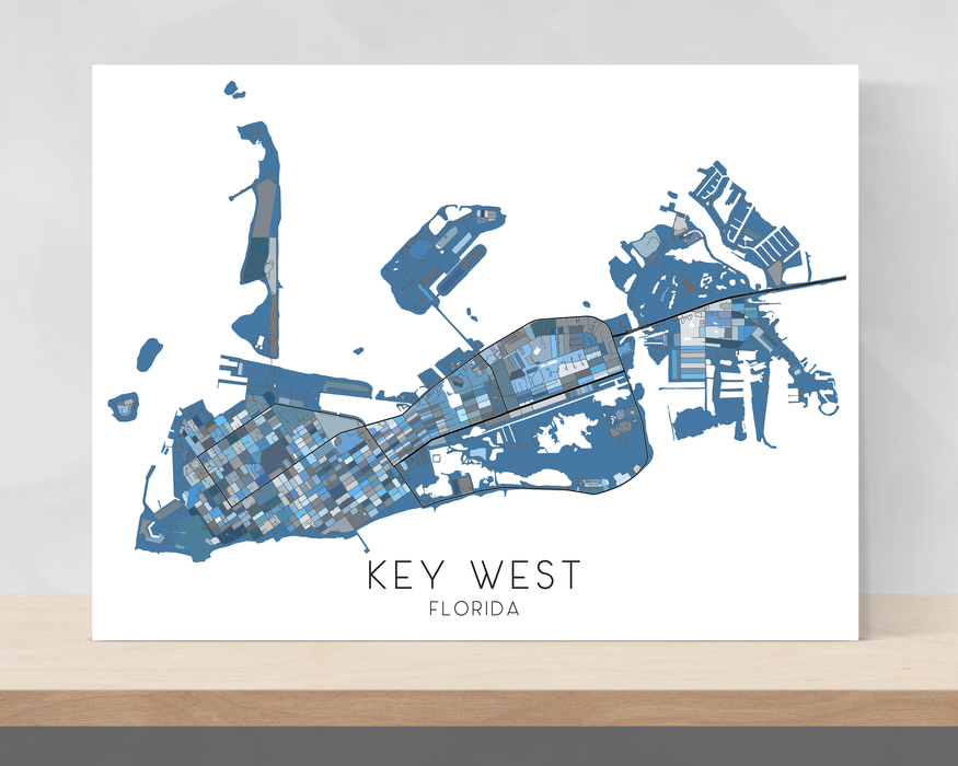 Key West, Florida Keys map print with a denim blue geometric design by Maps As Art.