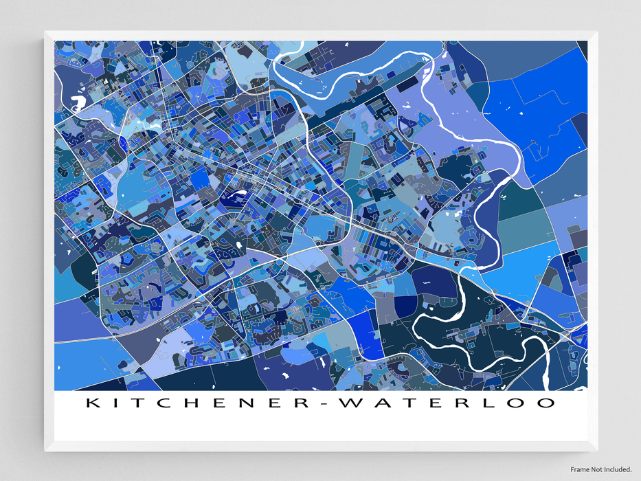 Kitchener - Waterloo, Ontario, Canada map art print in blue shapes designed by Maps As Art.