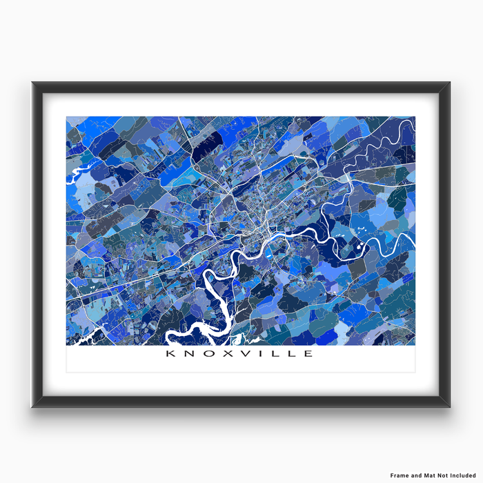 Knoxville, Tennessee map art print in blue shapes designed by Maps As Art.
