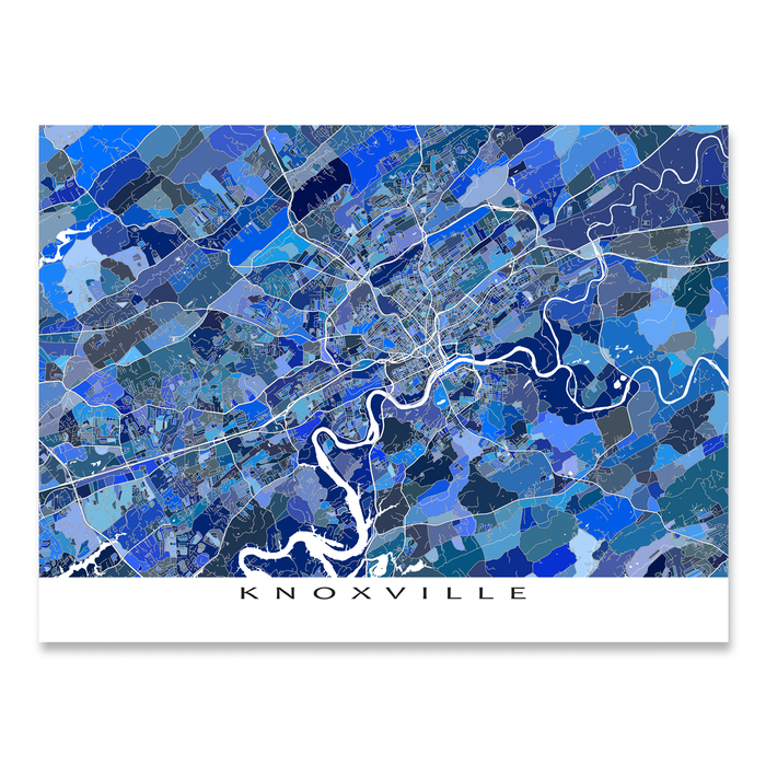 Knoxville, Tennessee map art print in blue shapes designed by Maps As Art.