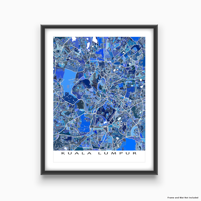 Kuala Lumpur, Malaysia map art print in blue shapes designed by Maps As Art.