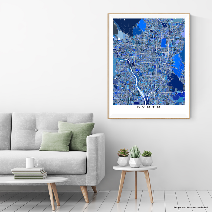 Kyoto, Japan map art print in blue shapes designed by Maps As Art.