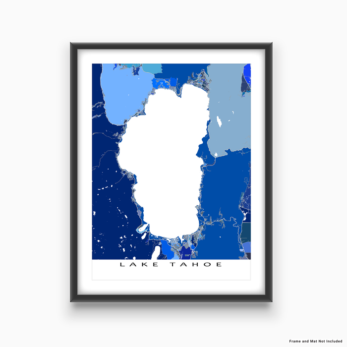 Lake Tahoe, California map art print in blue shapes designed by Maps As Art.