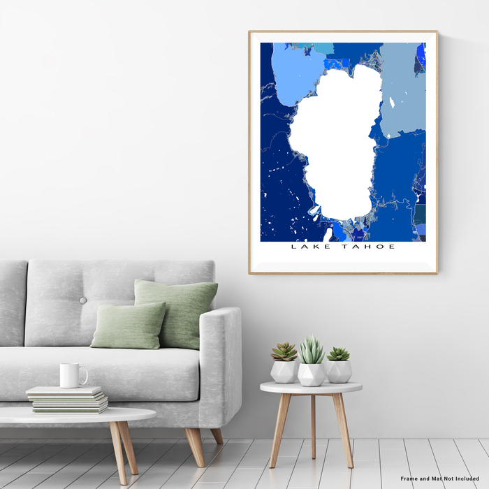 Lake Tahoe, California map art print in blue shapes designed by Maps As Art.