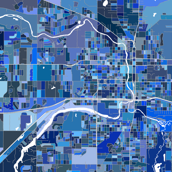 Lansing, Michigan map art print in blue shapes designed by Maps As Art.