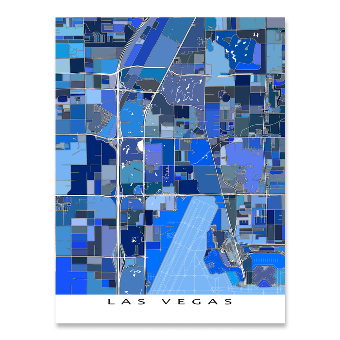 Las Vegas, Nevada map art print in blue shapes designed by Maps As Art.