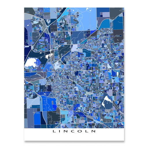 Lincoln, Nebraska map art print in blue shapes designed by Maps As Art.