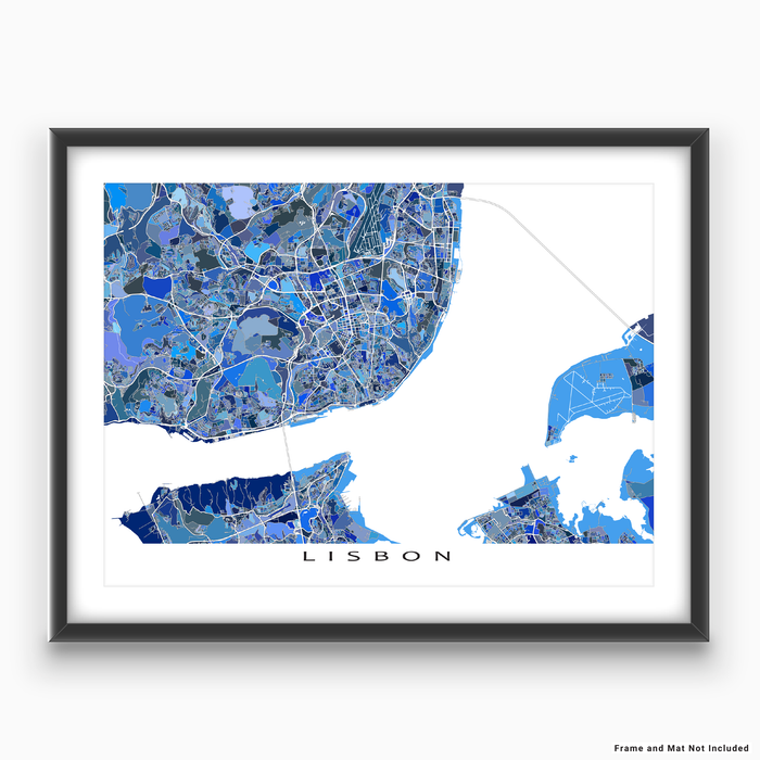 Lisbon, Portugal map art print in blue shapes designed by Maps As Art.