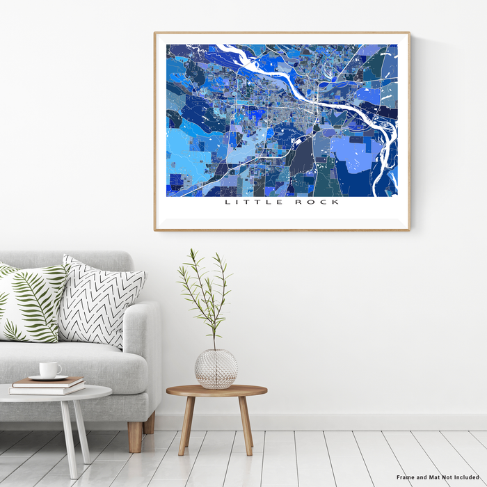 Little Rock, Arkansas map art print in blue shapes designed by Maps As Art.