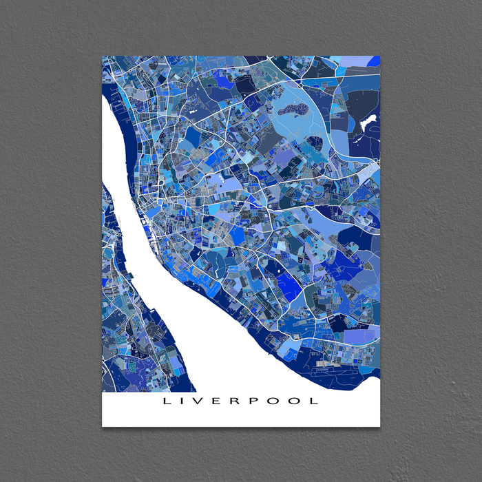 Liverpool, England map art print in blue shapes designed by Maps As Art.