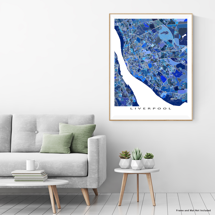 Liverpool, England map art print in blue shapes designed by Maps As Art.