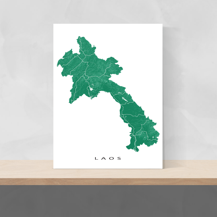 Laos map print with natural landscape and main roads in Green designed by Maps As Art.