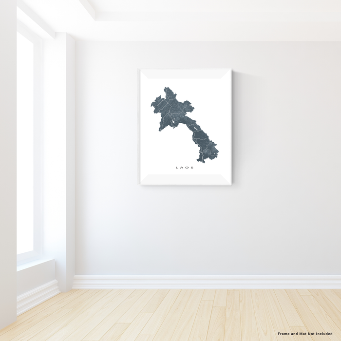 Laos map print with natural landscape and main roads in Slate designed by Maps As Art.