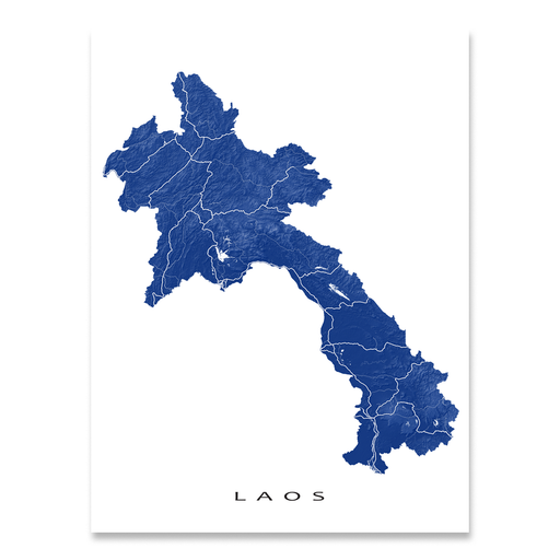 Laos map print with natural landscape and main roads in Navy designed by Maps As Art.