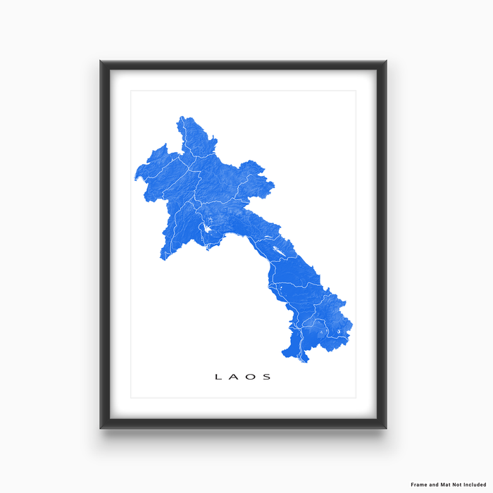 Laos map print with natural landscape and main roads in Blue designed by Maps As Art.