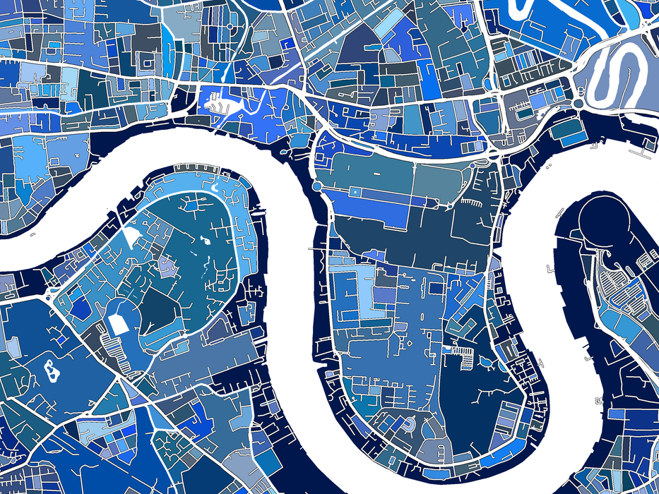 London, England, UK city map print with a blue geometric design by Maps As Art.