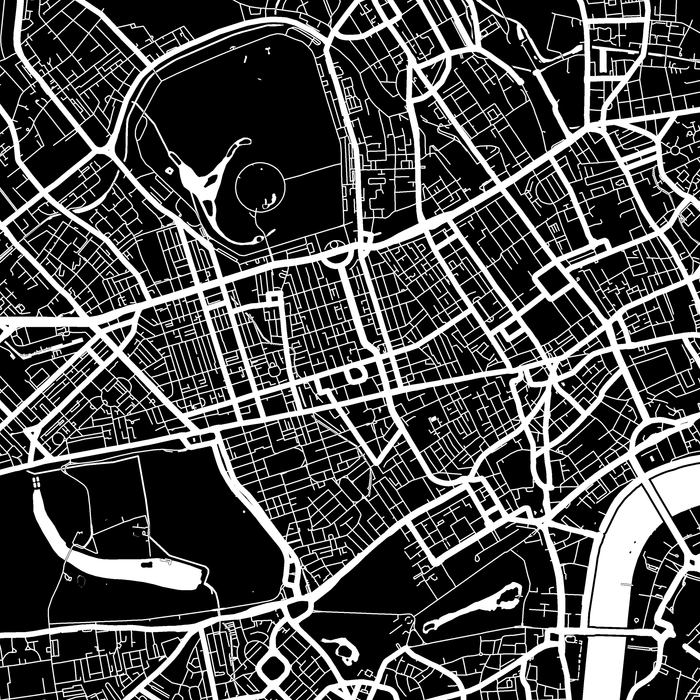 London, England map print close-up with city streets and roads designed by Maps As Art.