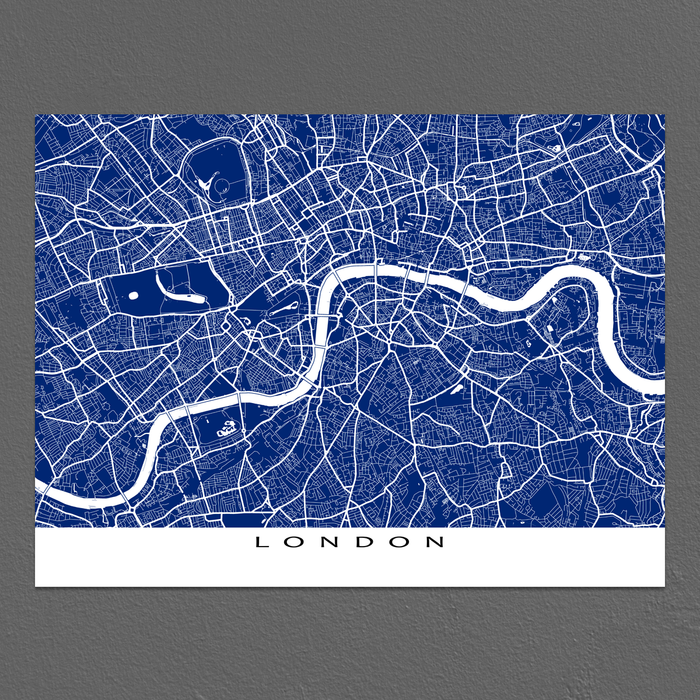 London, England map print with city streets and roads in Navy designed by Maps As Art.
