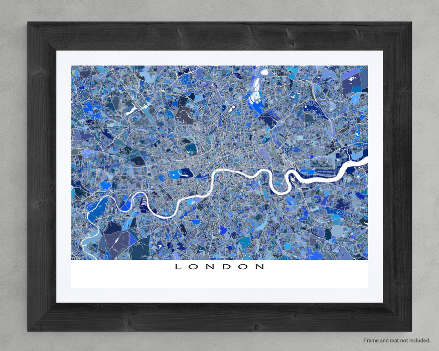 London, England map art print in blue shapes designed by Maps As Art.