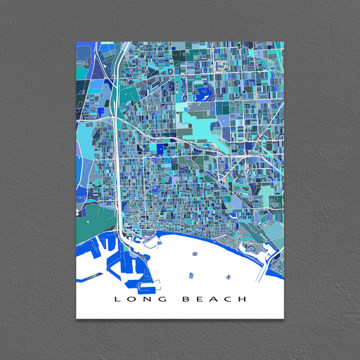Long Beach, California map art print in blue, aqua and turquoise shapes designed by Maps As Art.