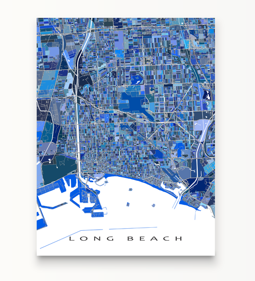 Long Beach CA blue shapes map print by Maps As Art.