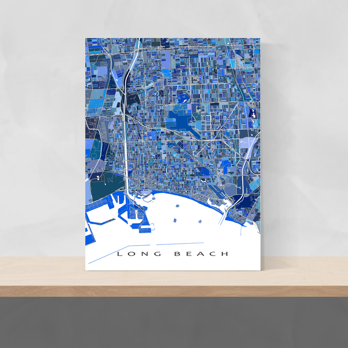 Long Beach CA blue shapes map print by Maps As Art.