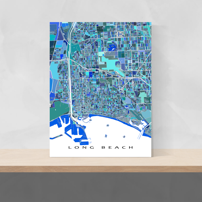 Long Beach, California map art print in blue, aqua and turquoise shapes designed by Maps As Art.