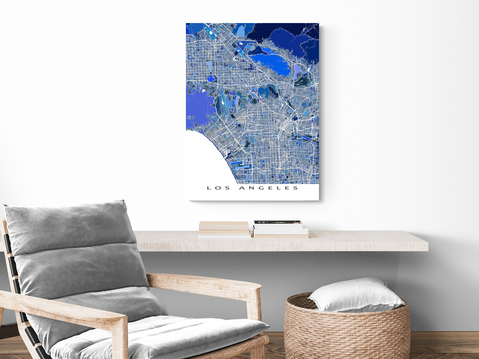 Los Angeles, California map art print in blue shapes designed by Maps As Art.