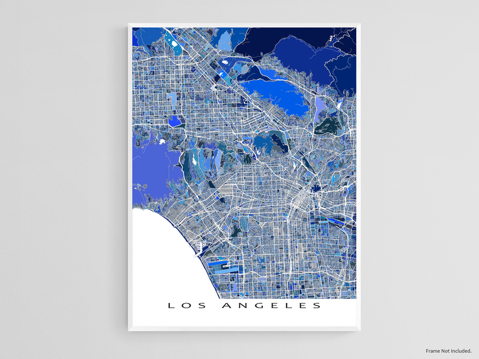 Los Angeles, California map art print in blue shapes designed by Maps As Art.