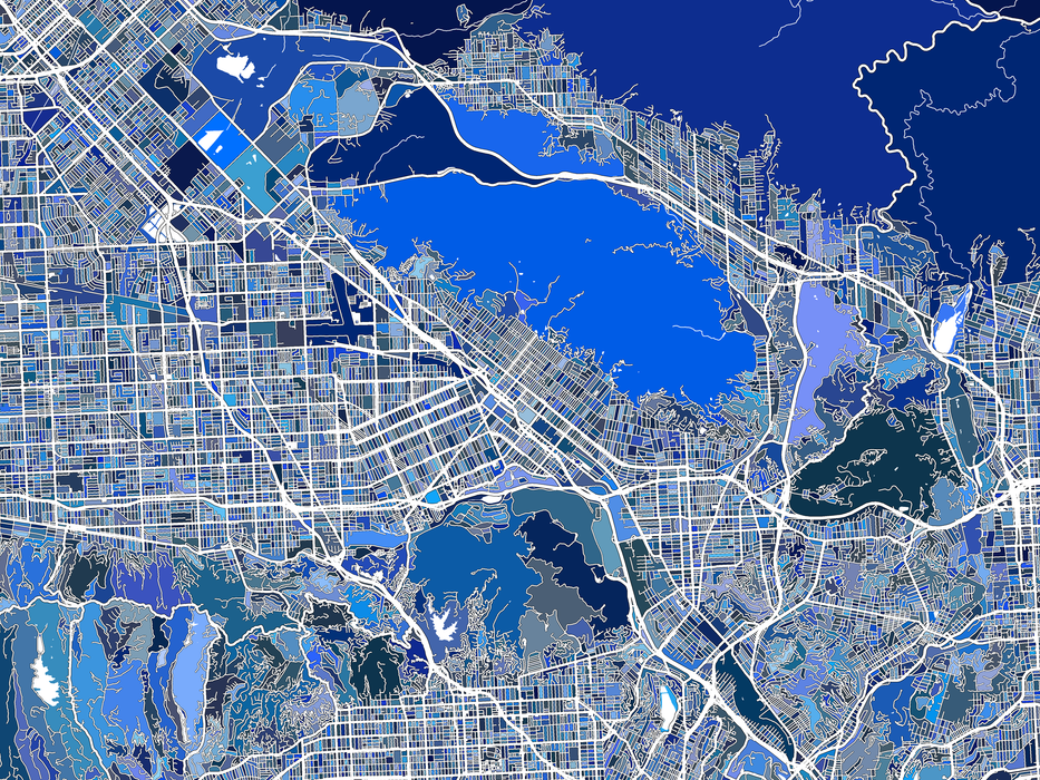 Los Angeles, California map art print in blue shapes designed by Maps As Art.