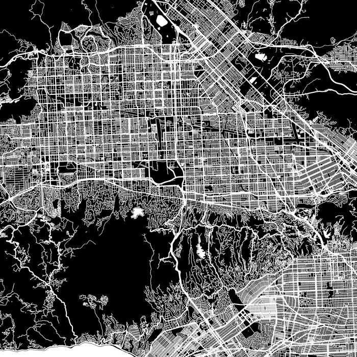 Los Angeles, California map print close-up with city streets and roads designed by Maps As Art.