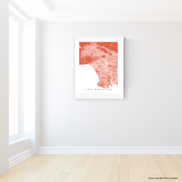 Los Angeles, California map print with city streets and roads in Terracotta designed by Maps As Art.