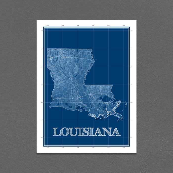 Louisiana state blueprint map art print designed by Maps As Art.