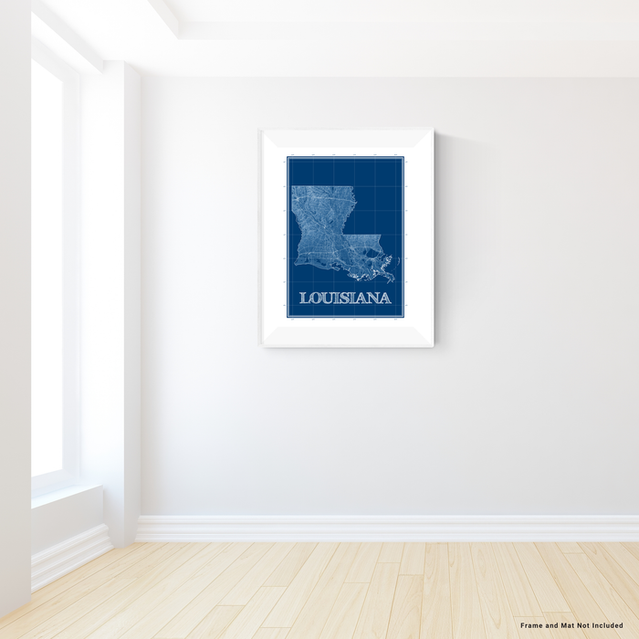 Louisiana state blueprint map art print designed by Maps As Art.
