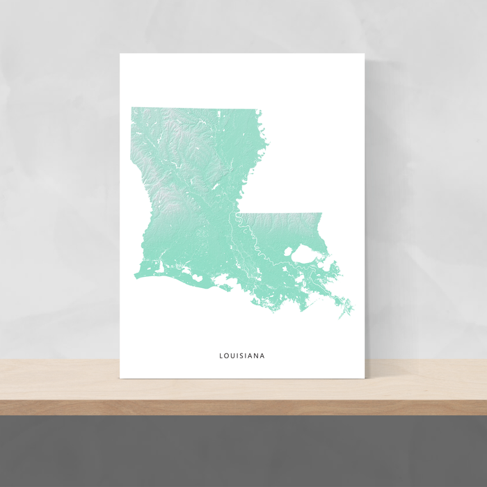 Louisiana state map print with natural landscape in aqua tints designed by Maps As Art.