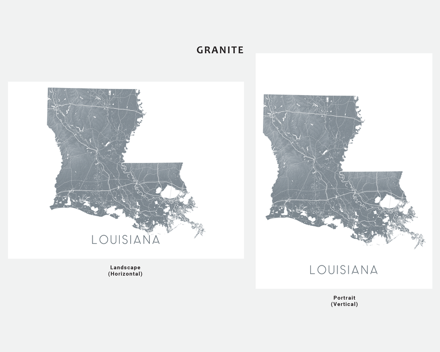 Louisiana state map print in Granite by Maps As Art.