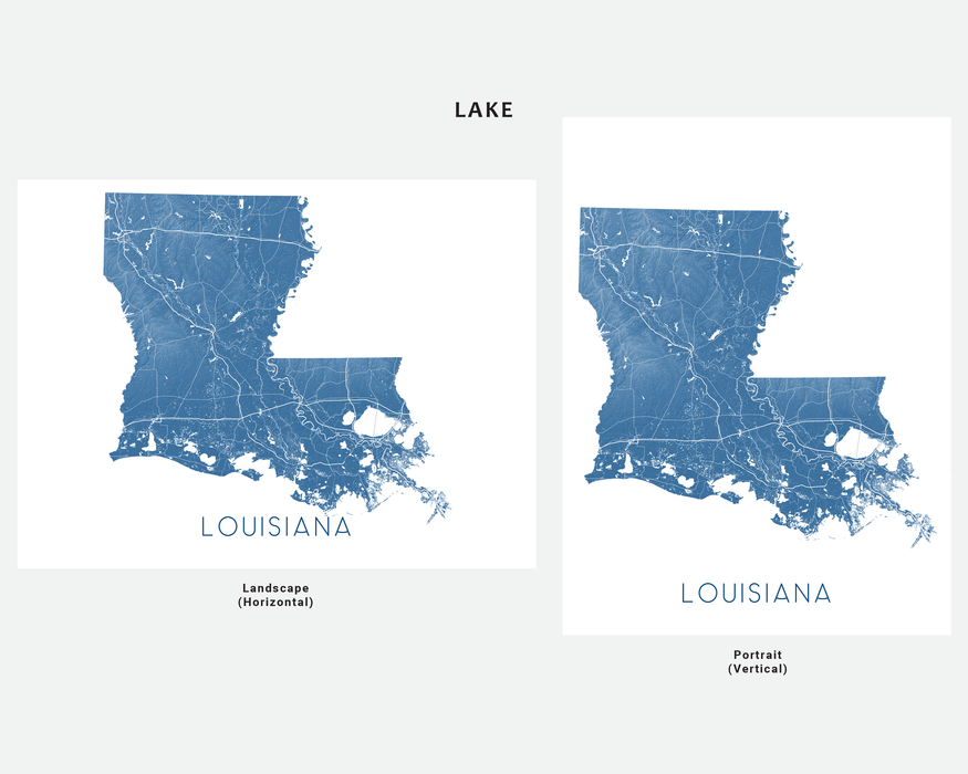 Louisiana state map print in Lake by Maps As Art.