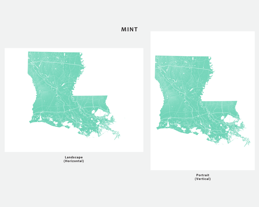 Louisiana state map print in Mint by Maps As Art.